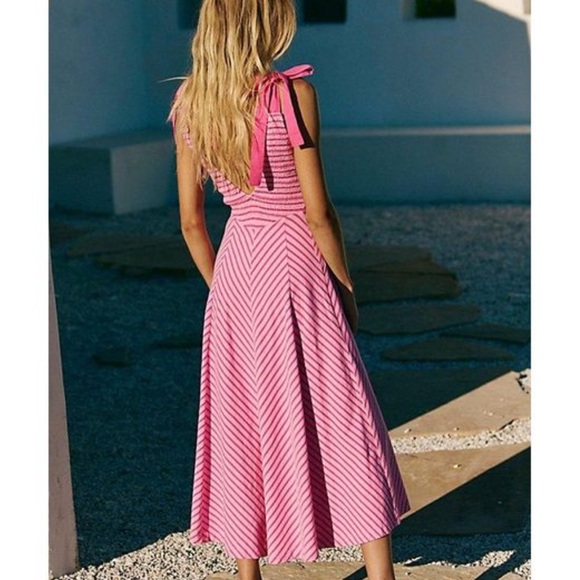NWT Free People Pink Smocked Midi Dress with Tie-Straps sz M Coquette Boho Girly - Picture 6 of 16